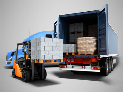 现代货物装卸技术 卡车、拖车、建筑材料与橙色叉车的3D实践